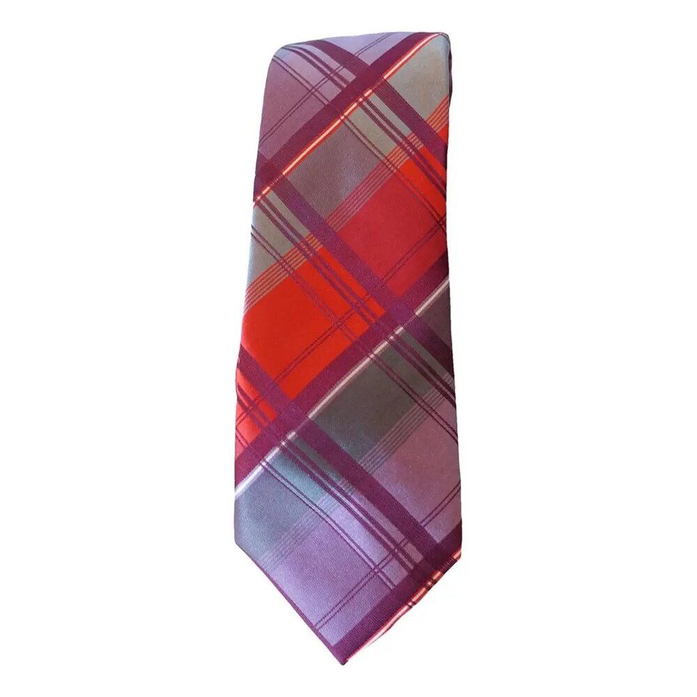 SEAN JOHN Red Gray Purple Large Plaid Silk Classic Tie